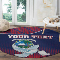 Round blue carpet with red pattern, white dove and coat of arms, YOUR TEXT across top