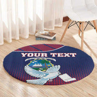Round blue carpet with red pattern, white dove and coat of arms, YOUR TEXT across center