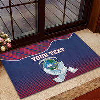 Blue rubber doormat with YOUR TEXT, white dove and scroll emblem, red patterned border