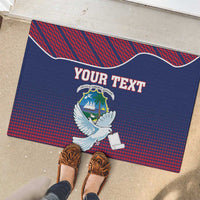 Blue rubber doormat with YOUR TEXT and white dove holding scroll, red wavy border