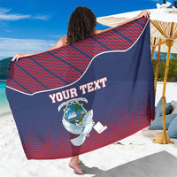 Liberia dove sarong coat with custom text print, blue and red patterned cover-up