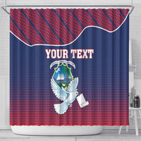 Personalized blue and red shower curtain with dove coat of arms graphic and "YOUR TEXT"