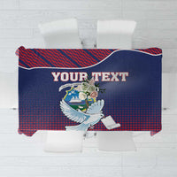 Personalized tablecloth in navy and red with dove and scroll emblem