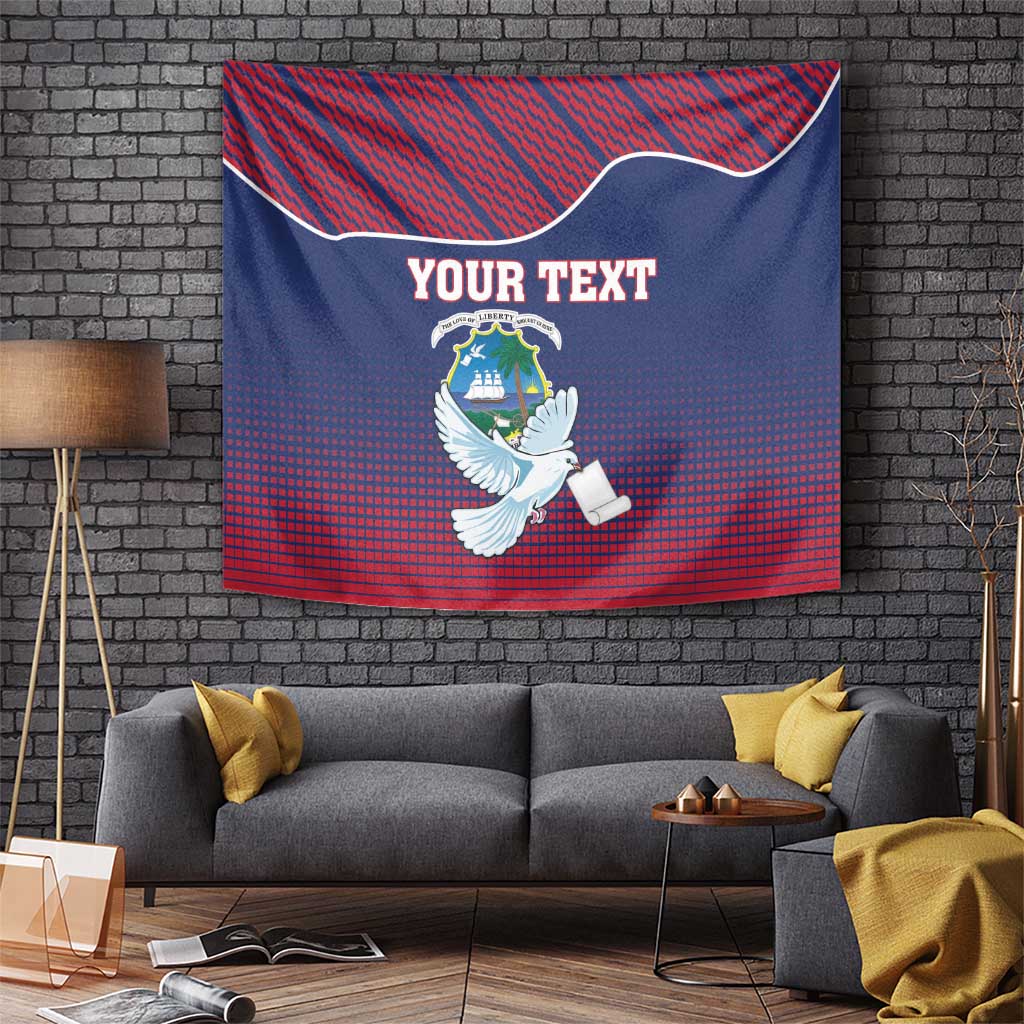 Liberia coat of arms tapestry wall hanging with red-and-dark-blue pattern, white dove, YOUR TEXT