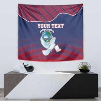 Liberia coat of arms tapestry wall hanging in dark blue and red with white dove and YOUR TEXT