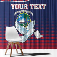 Custom window curtain panels featuring Liberia dove emblem and “YOUR TEXT” on red blue backdrop