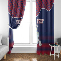 Custom window curtain panels with Liberia dove coat of arms, red blue pattern and “YOUR TEXT”