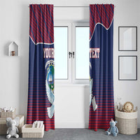 Custom window curtain panels with Liberia dove emblem and “YOUR TEXT” across blue and red design