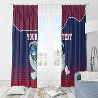 Custom window curtain panels with Liberia dove crest and “YOUR TEXT” over red and blue pattern
