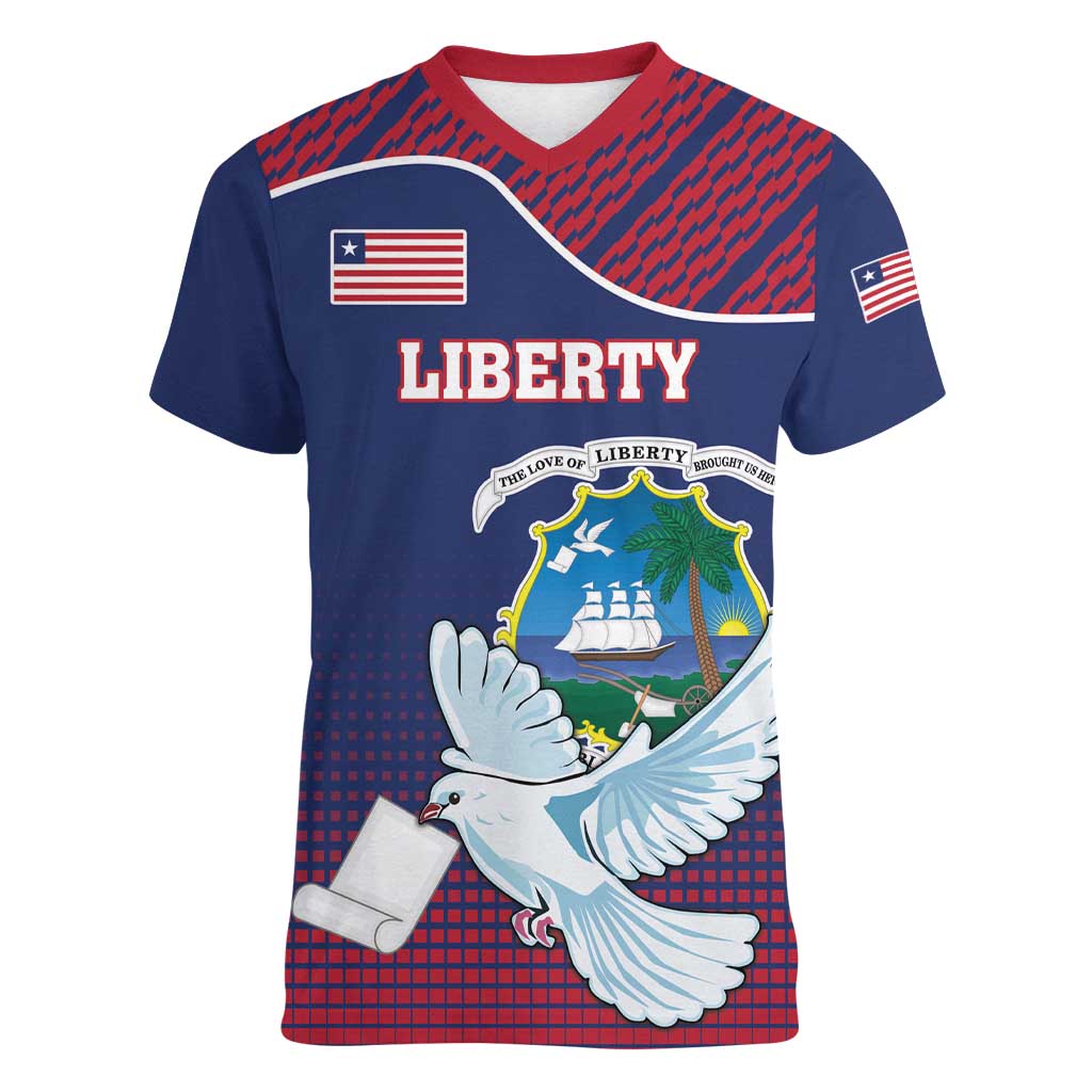 Personalized Liberia White Dove With A Scroll Women V-Neck T-Shirt Coat Of Arms - Wonder Print Shop