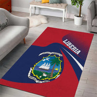 Red and navy Liberia area rug with large seal and 'LIBERIA' text banner