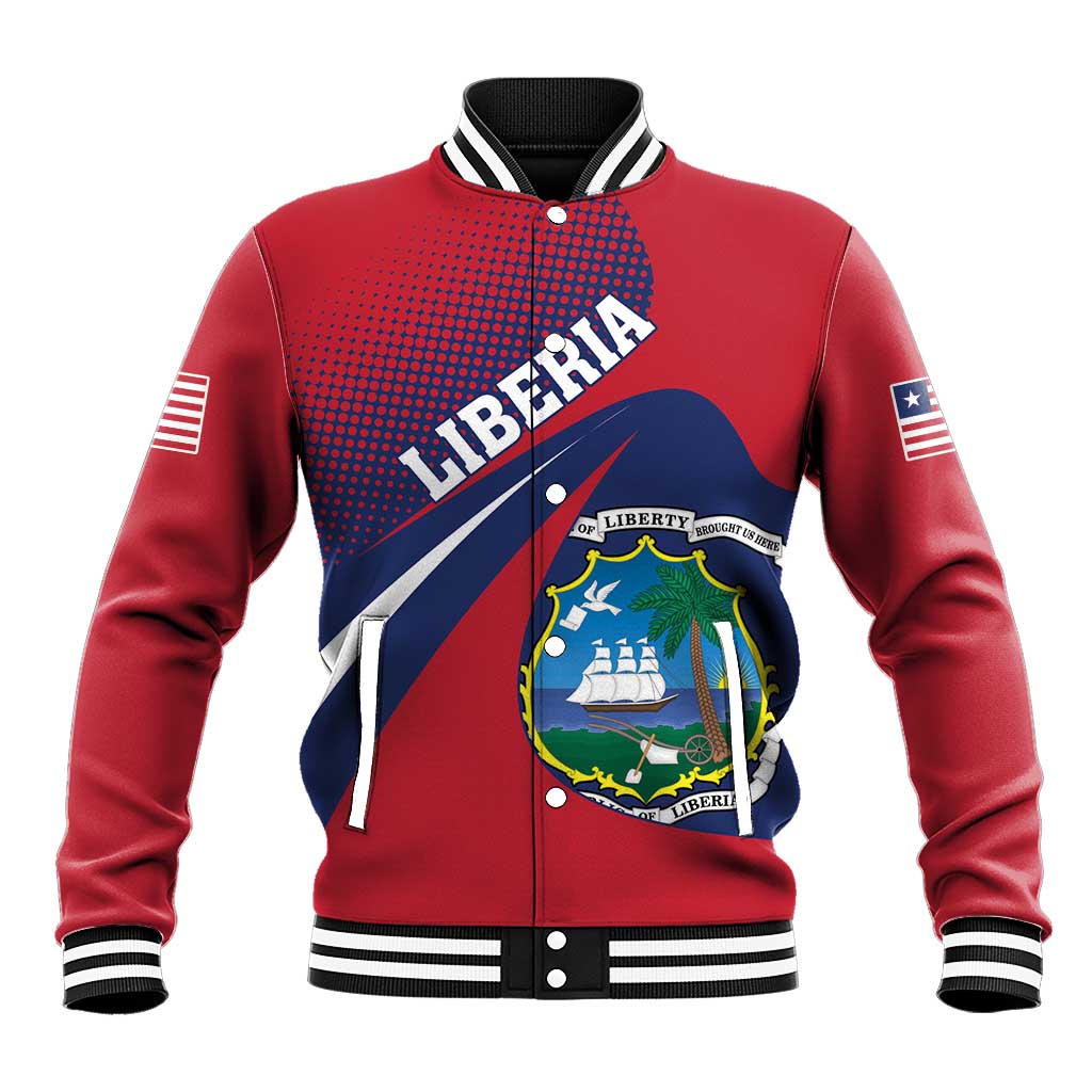 Red baseball jacket with front zip, ribbed collar, and Liberia crest graphic