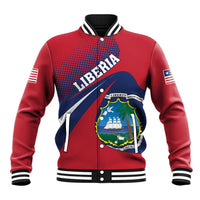 Red baseball jacket with front zip, ribbed collar, and Liberia crest graphic