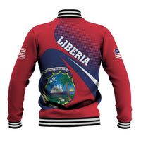 Red baseball jacket back with ribbed collar and large LIBERIA graphic and crest