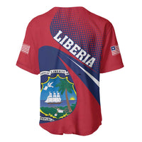 Red baseball jersey back with Liberia wordmark, blue diagonal stripe, button front.