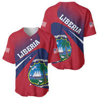 Red baseball jersey shown front and back with Liberia crest and wordmark graphics.