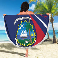 Red circular beach blanket with Liberia coat of arms crest and white fringe edge