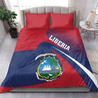 Red, navy and white Liberia flag bedding set with crest and “LIBERIA” on duvet