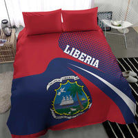 Red and navy Liberia bedding set showing crest emblem and “LIBERIA” on duvet
