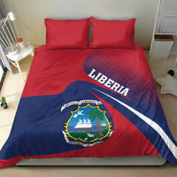 Red and navy Liberia flag duvet cover with “LIBERIA” text and crest, two red pillowcases