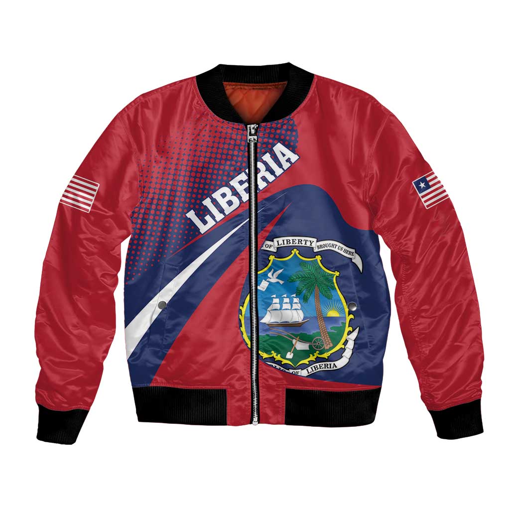 Red bomber jacket with Liberia crest, graphic stripes, front zipper, ribbed cuffs