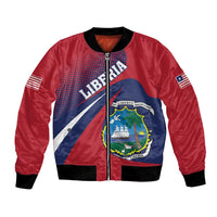 Red bomber jacket with Liberia crest, graphic stripes, front zipper, ribbed cuffs