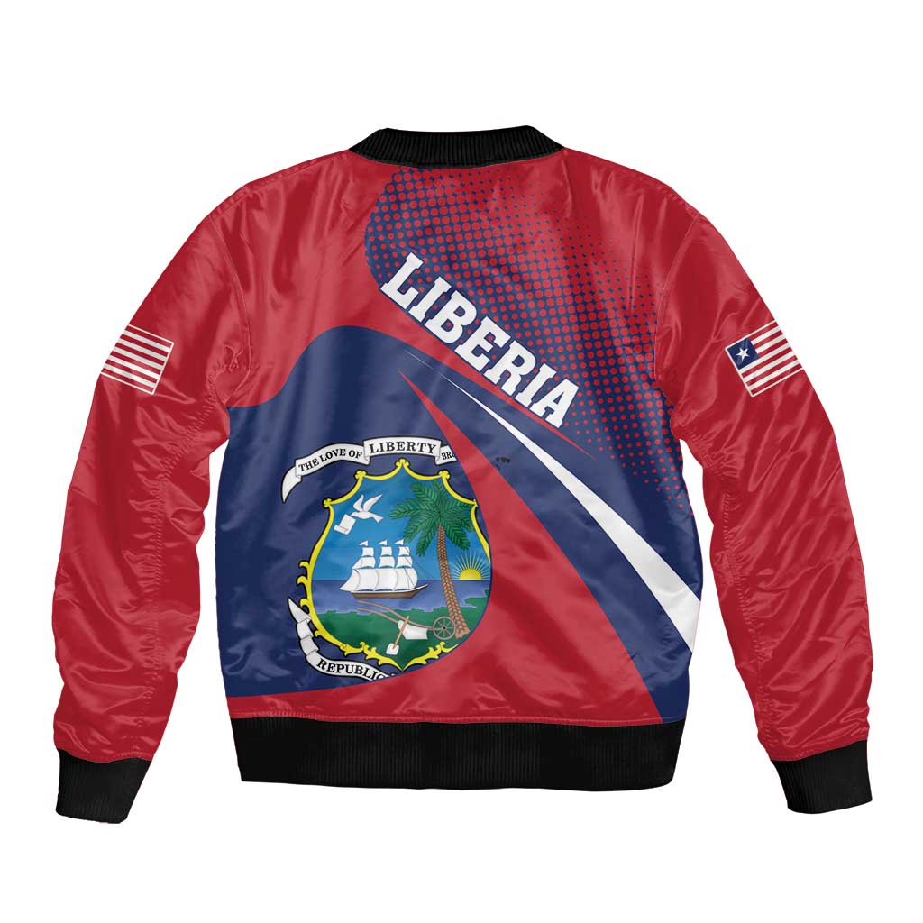 Red bomber jacket back with Liberia crest graphic and blue-red diagonal stripes
