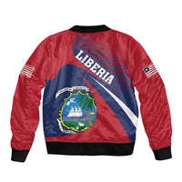 Red bomber jacket back with Liberia crest graphic and blue-red diagonal stripes