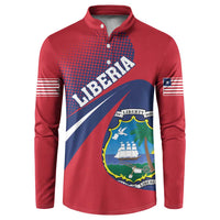 Red long-sleeve henley sweatshirt with Liberia crest and flag-style diagonal graphic.