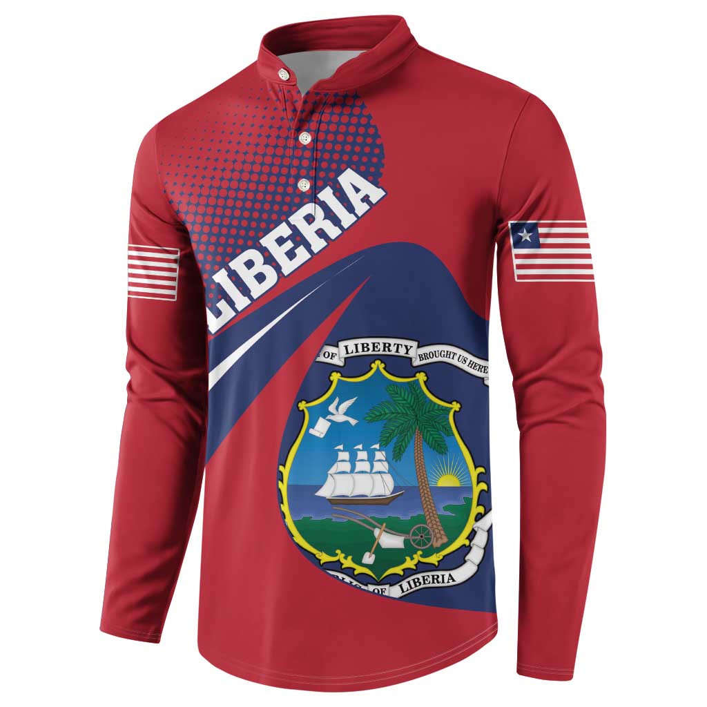 Red long-sleeve henley with large Liberia graphic, blue diagonal stripe, and sleeve flag.