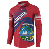 Red long-sleeve henley with large Liberia graphic, blue diagonal stripe, and sleeve flag.