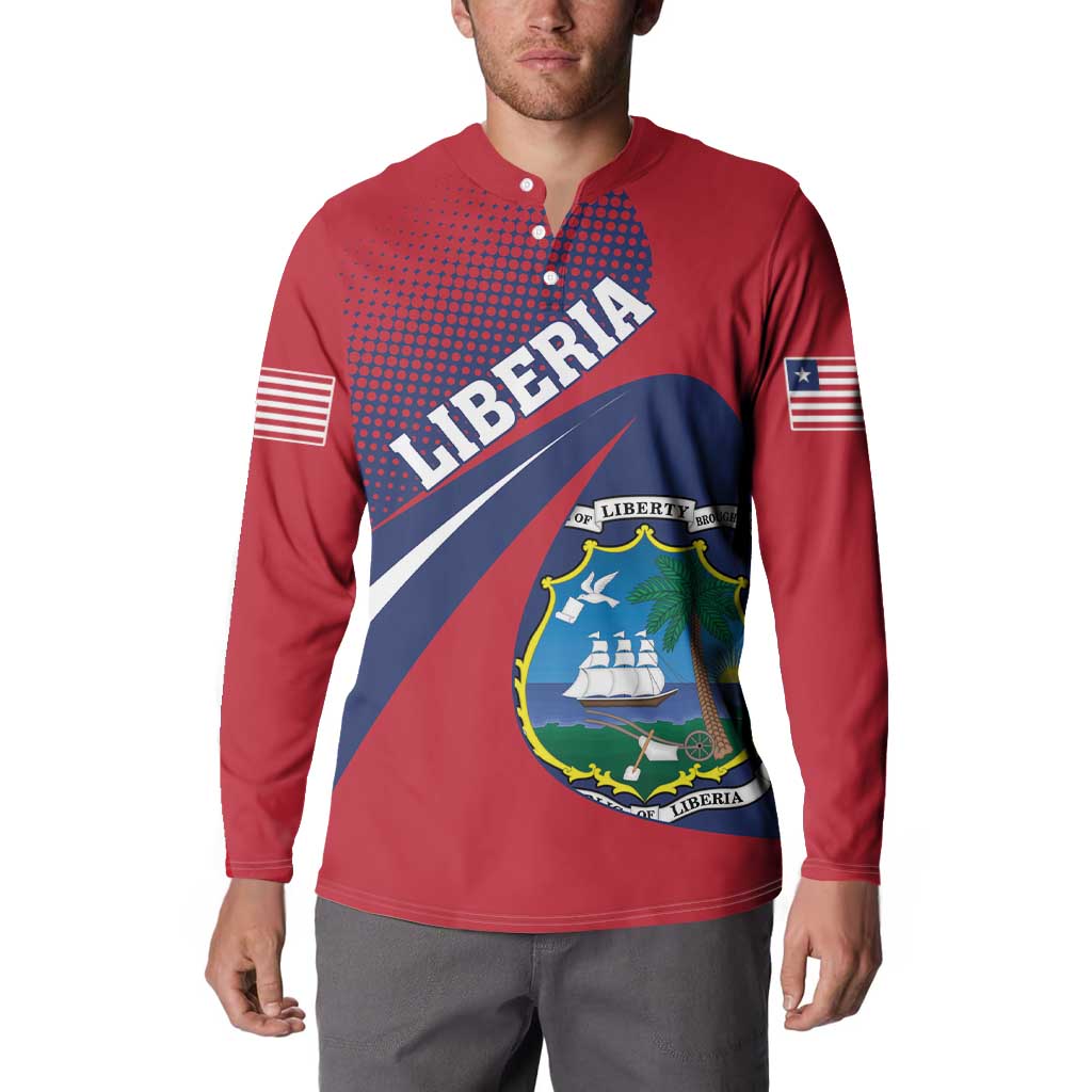 Red long-sleeve henley with centered Liberia crest, blue diagonal stripe, and button placket.
