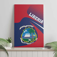 Red and blue Liberia coat of arms canvas wall art, upright front view with shield and Liberia text