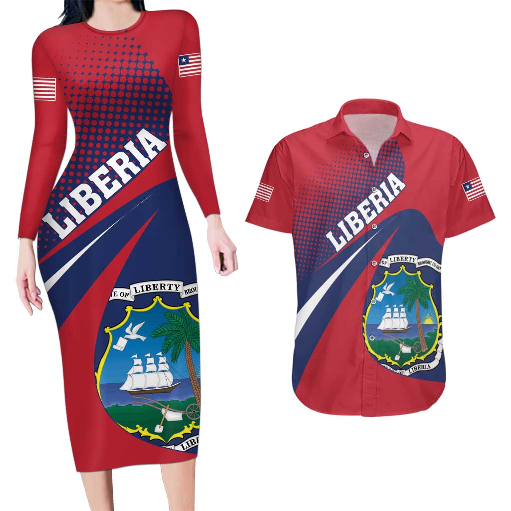 Liberia Coat Of Arms Couples Matching Long Sleeve Bodycon Dress and Hawaiian Shirt Red Version - Wonder Print Shop