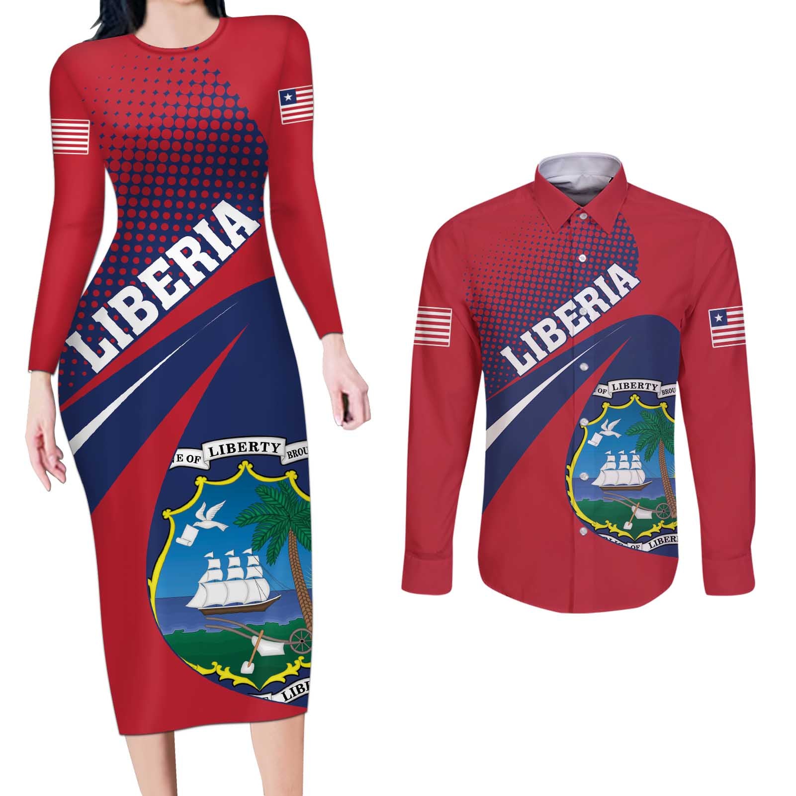 Liberia Coat Of Arms Couples Matching Long Sleeve Bodycon Dress and Long Sleeve Button Shirt Red Version - Wonder Print Shop