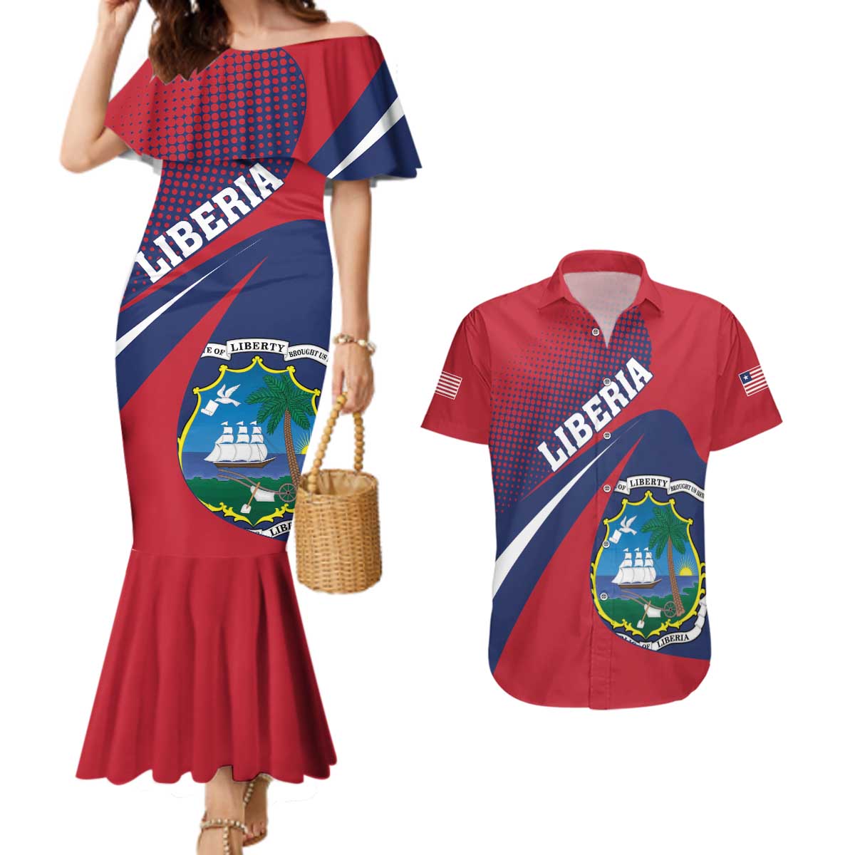 Liberia Coat Of Arms Couples Matching Mermaid Dress and Hawaiian Shirt Red Version - Wonder Print Shop