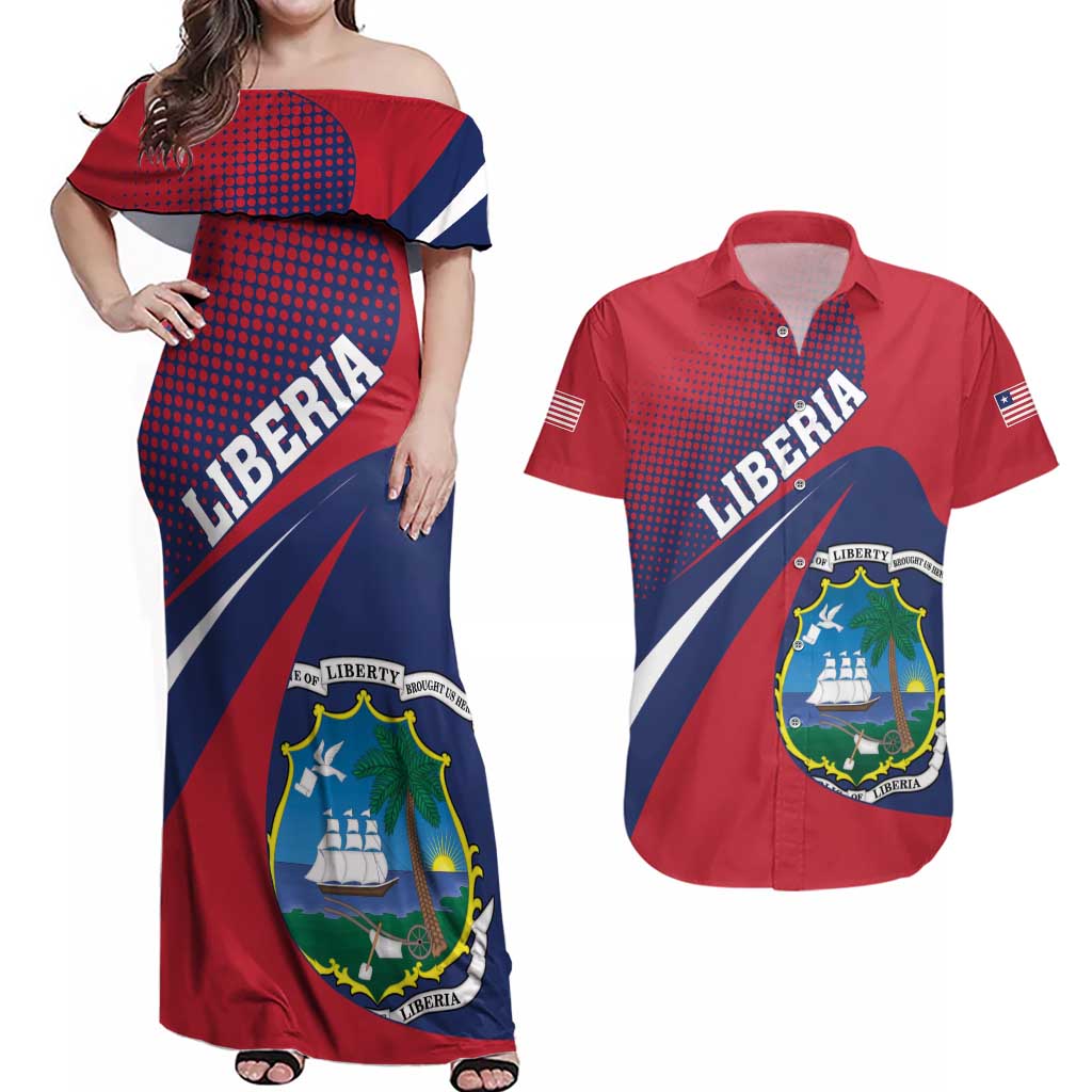 Liberia Coat Of Arms Couples Matching Off Shoulder Maxi Dress and Hawaiian Shirt Red Version - Wonder Print Shop