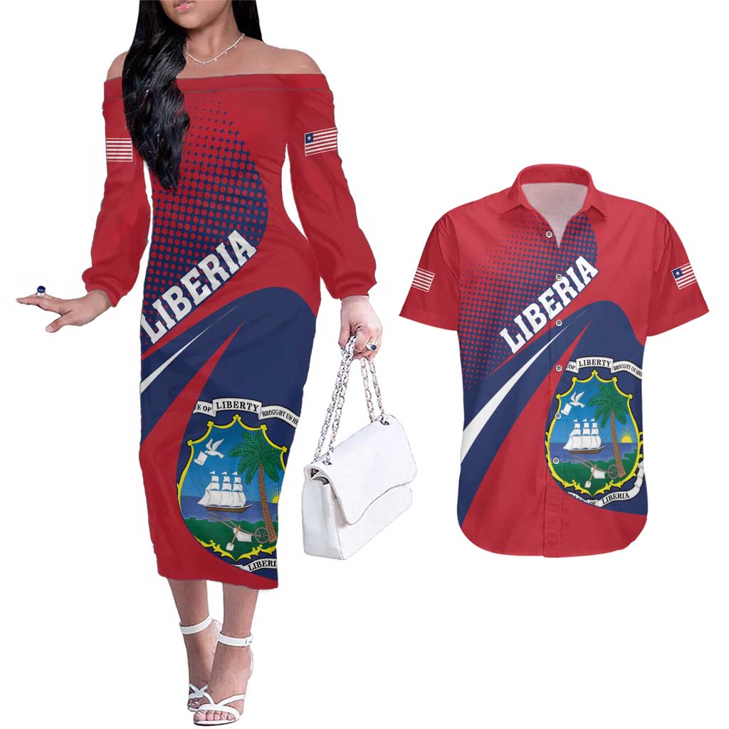 Liberia Coat Of Arms Couples Matching Off The Shoulder Long Sleeve Dress and Hawaiian Shirt Red Version - Wonder Print Shop