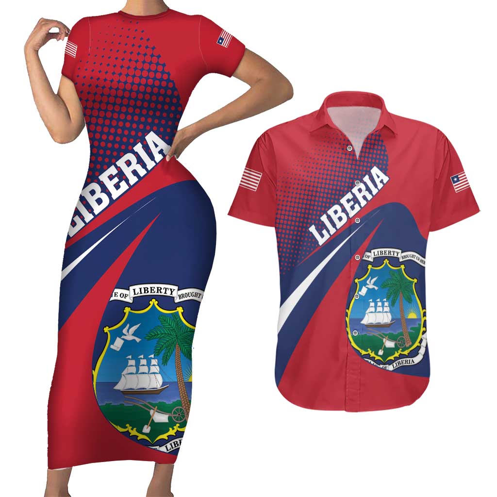 Liberia Coat Of Arms Couples Matching Short Sleeve Bodycon Dress and Hawaiian Shirt Red Version - Wonder Print Shop