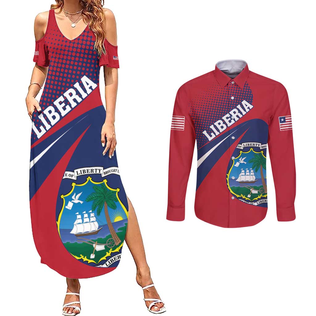 Liberia Coat Of Arms Couples Matching Summer Maxi Dress and Long Sleeve Button Shirt Red Version - Wonder Print Shop