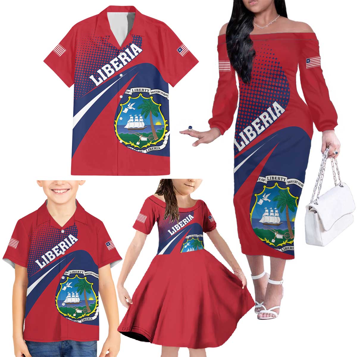 Liberia Coat Of Arms Family Matching Off The Shoulder Long Sleeve Dress and Hawaiian Shirt Red Version - Wonder Print Shop