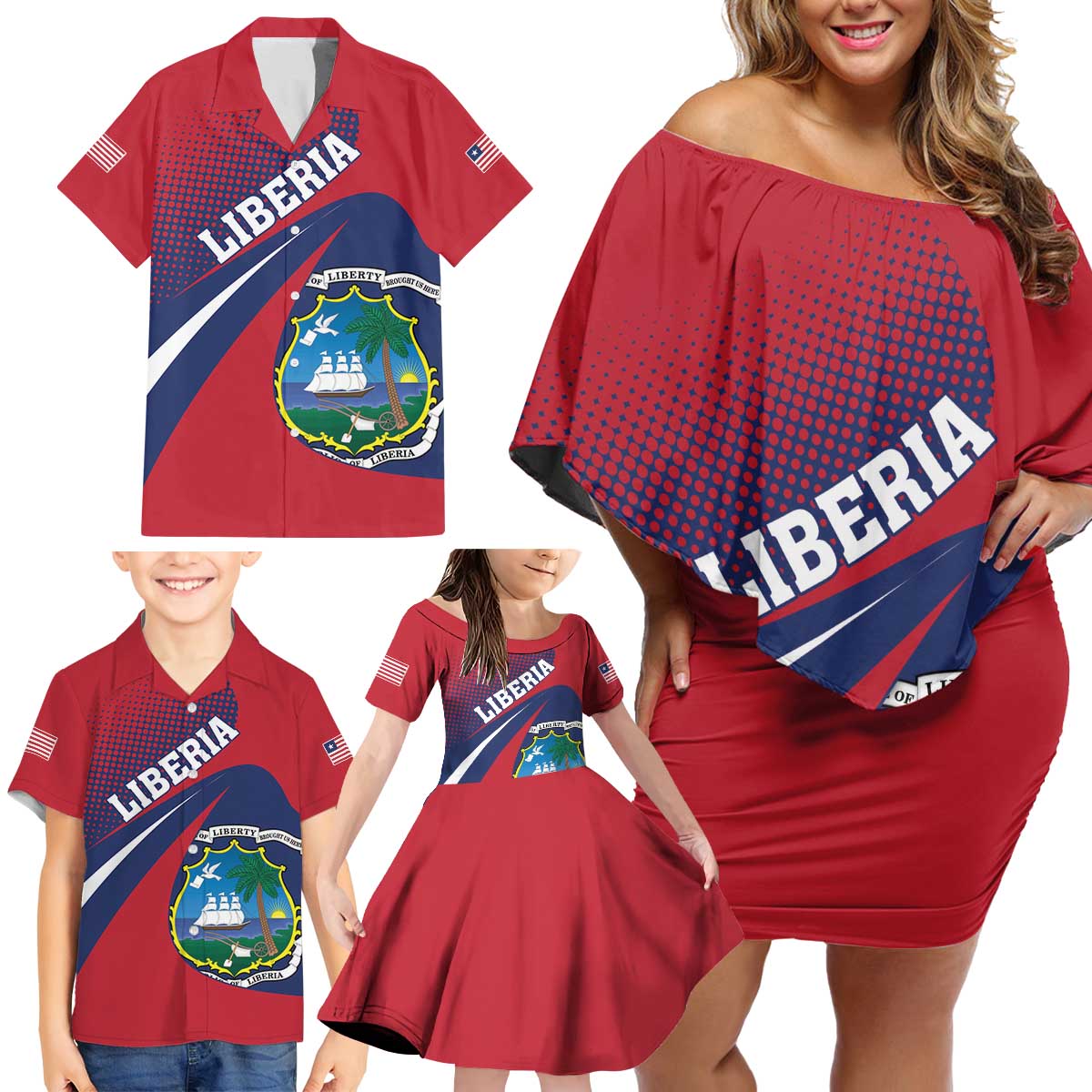 Liberia Coat Of Arms Family Matching Off Shoulder Short Dress and Hawaiian Shirt Red Version - Wonder Print Shop