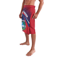 Red Liberia-themed sarong skirt with side graphic and curved drape front