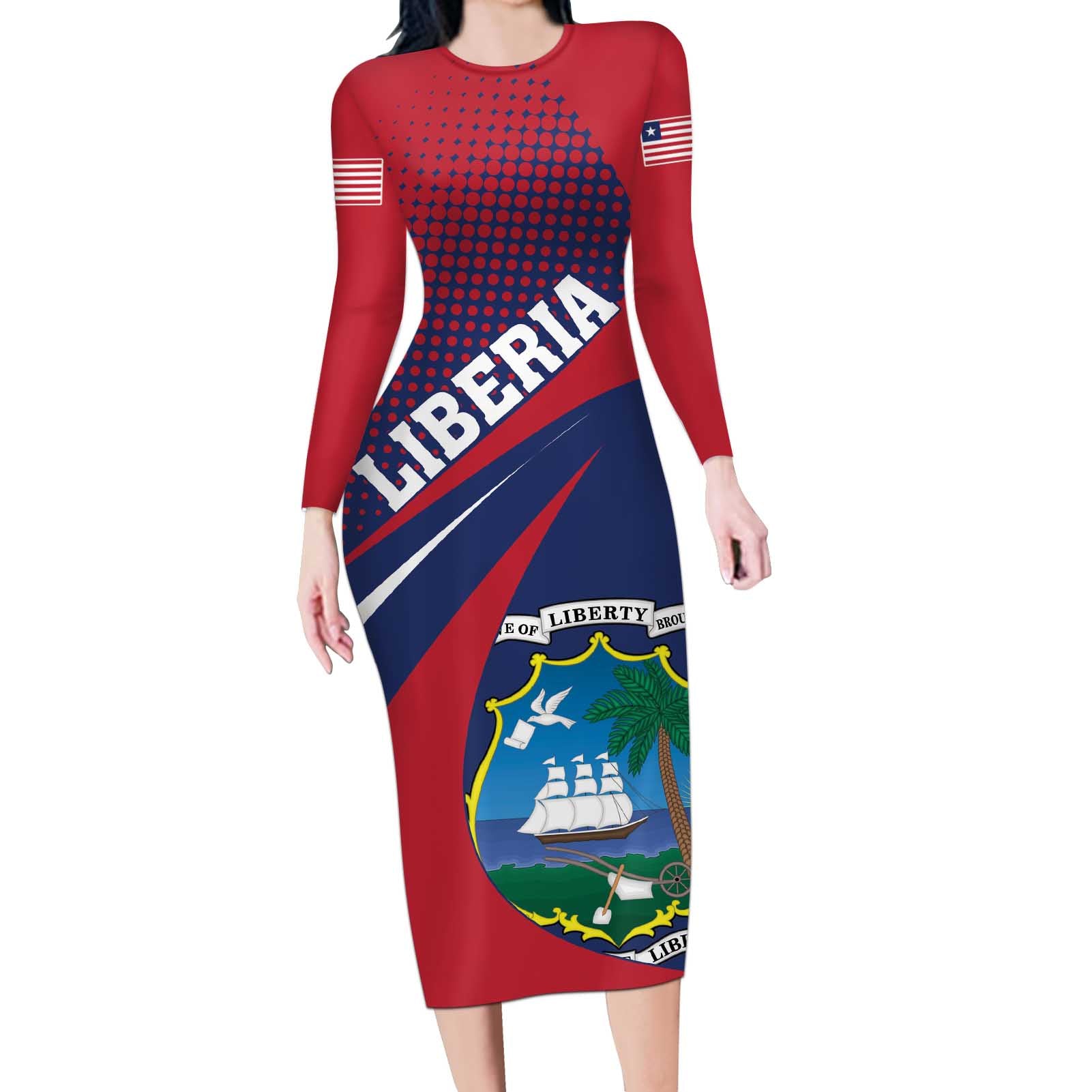 Liberia Coat Of Arms Long Sleeve Bodycon Dress Red Version - Wonder Print Shop