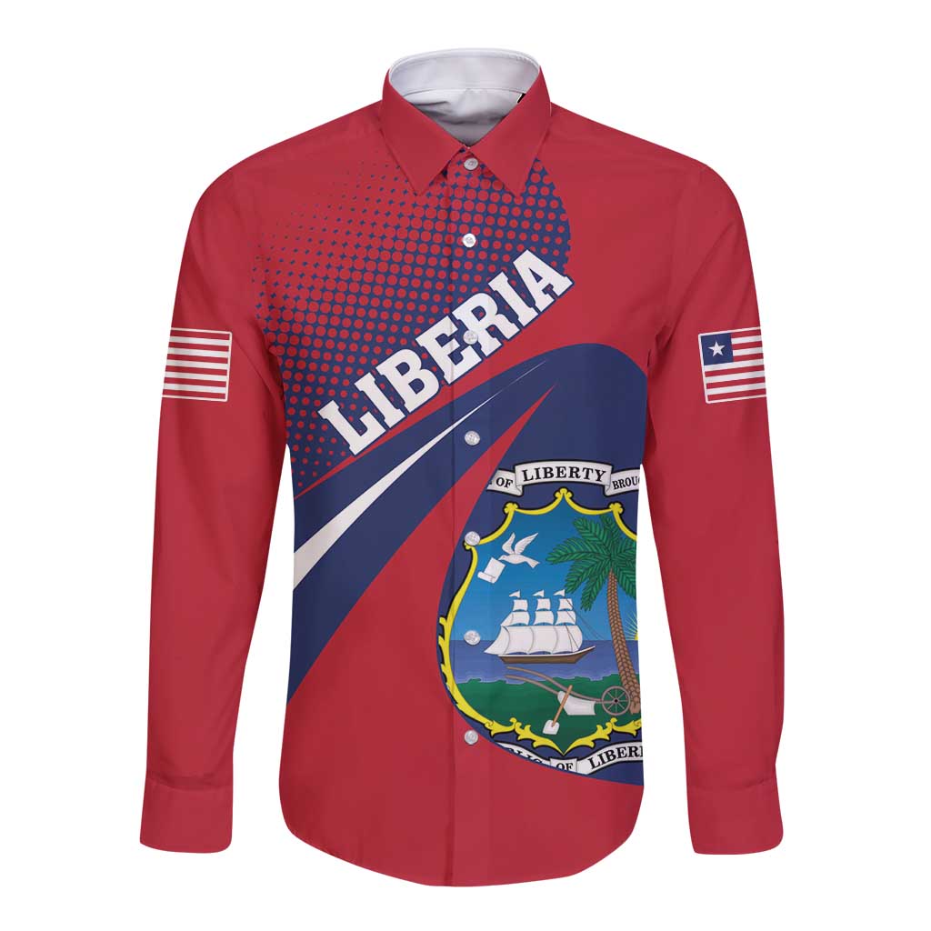 Red button-up long sleeve shirt with Liberia coat of arms front print