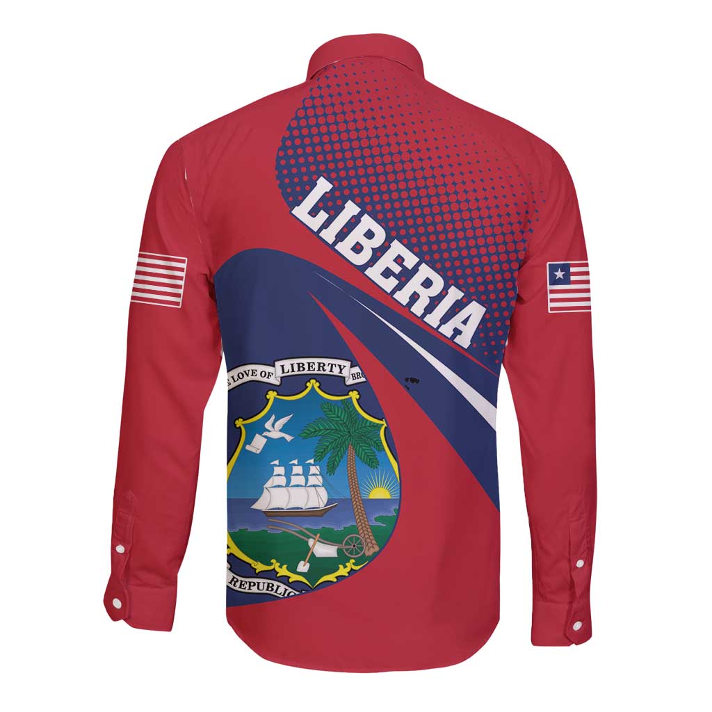 Red button-up long sleeve shirt with Liberia coat of arms back print