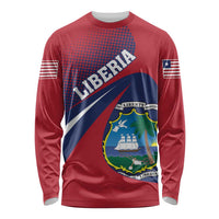 Red long-sleeve shirt with Liberia text and coat of arms front graphic