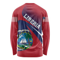 Red long-sleeve shirt, back view, Liberia lettering with diagonal flag and crest