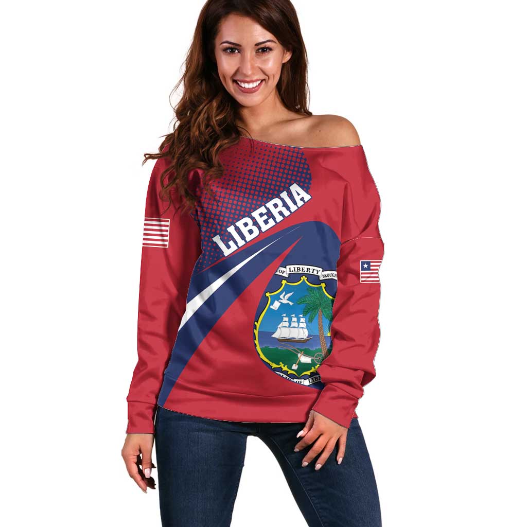 Liberia Coat Of Arms Off Shoulder Sweater Red Version - Wonder Print Shop