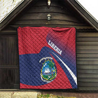 Liberia flag quilt, red and blue with Liberia text and central coat of arms emblem